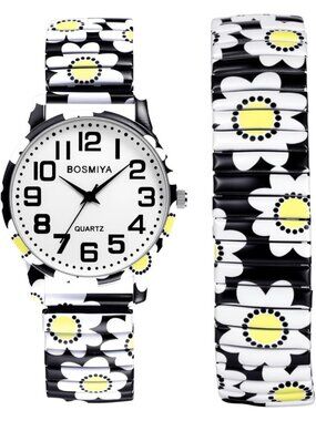 Women's White Flowers Analog Number Elastic Stretch Band Bohemia Bracelet Watch